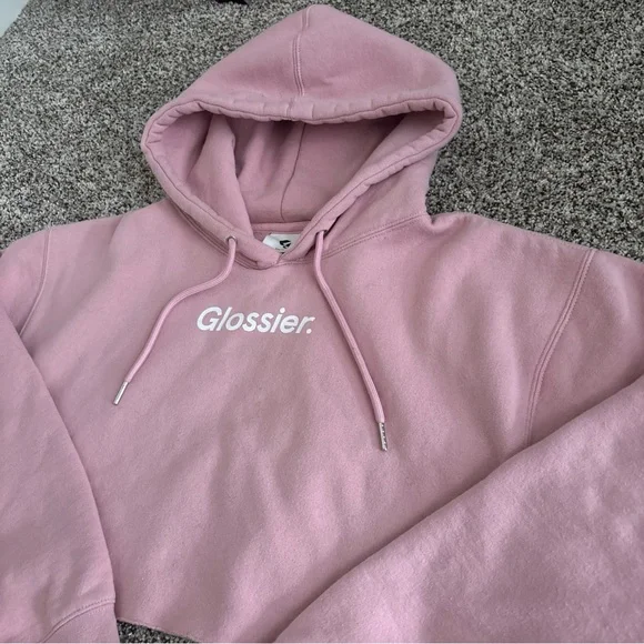 Glossier Pink Cropped Hoodie Size M Reworked Sweatshirt Logo Pullover Cozy Rare - Picture 4 of 8